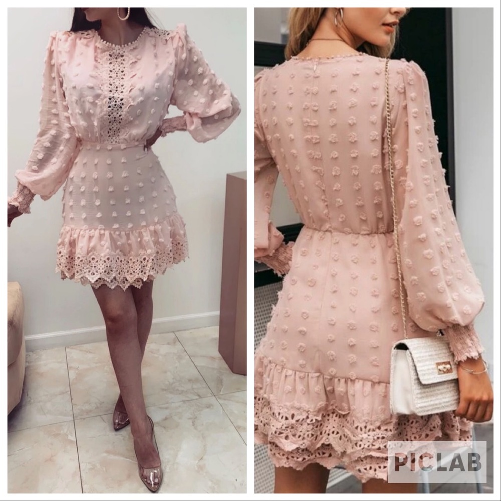 Just Me Swiss Dot Bishop Sleeve Guipure Lace Trim Pink Dress Large